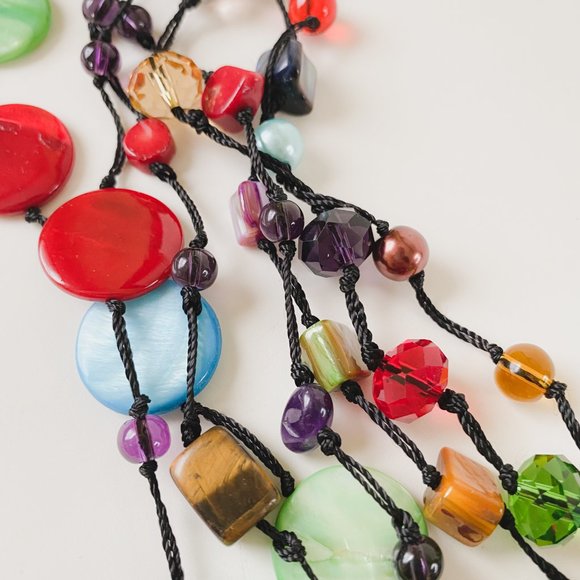 Premier Designs Bright Colorful Shell Glass Beaded Cord Funky Statement Necklace - Picture 7 of 12